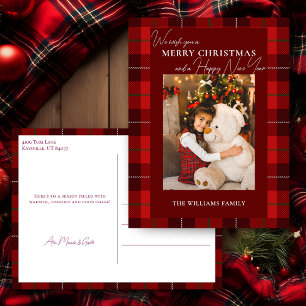 Red Plaid Merry Christmas 1 Photo Holiday Postcard