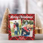 Red Plaid Merry Christmas 2 Photo Magnet Card<br><div class="desc">A classic red plaid tartan pattern behind your 2 holiday vertical family photo collage for a festive,  traditional Merry Christmas magnetic card. Simple and beautiful Christmas magnets that include two photographs.</div>