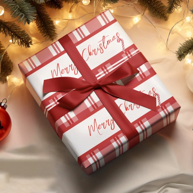 Red Plaid Merry Christmas | Candy Cane  Wrapping Paper (Creator Uploaded)