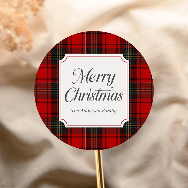 Red Plaid Merry Christmas Classic Round Sticker (Red Plaid Modern Merry Christmas Holiday Sticker)