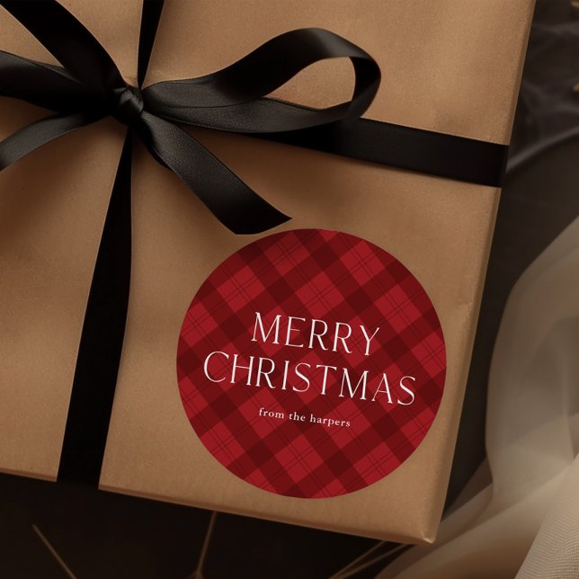 Red Plaid Merry Christmas  Classic Round Sticker (Modern red plaid rustic Christmas gift tag sticker.)