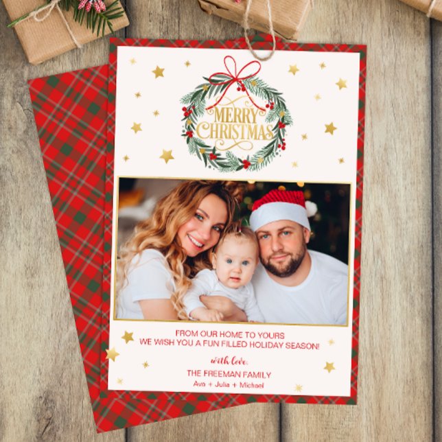 Red Plaid Merry Christmas Family Photo Card (Personalized Christmas Card)
