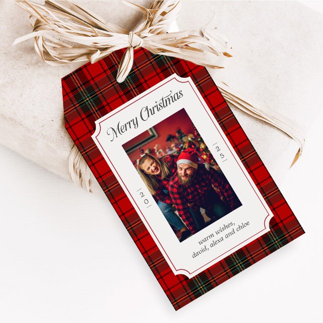 Red Plaid Merry Christmas Favour Tags (Red Plaid Modern Merry Christmas Holiday Favor Tags)