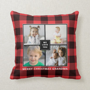 Red Plaid Merry Christmas Grandma Photo Collage Cushion