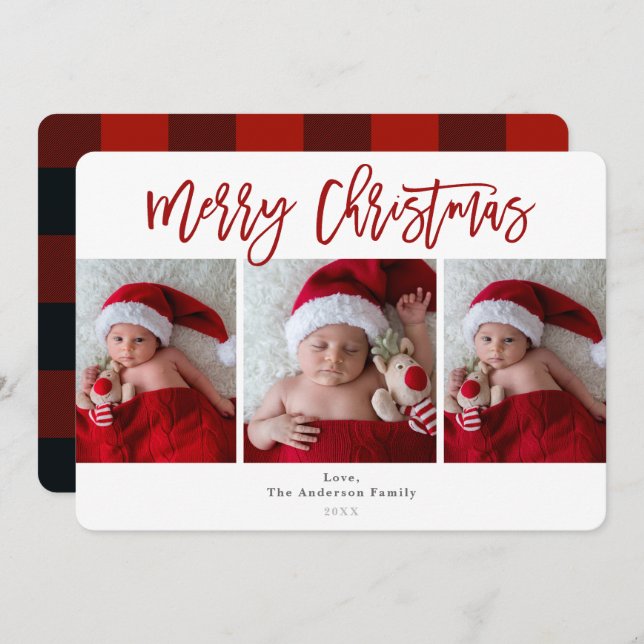 Red Plaid Merry Christmas Holiday 3 Photos Photo Invitation (Front/Back)
