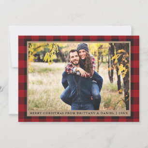Red Plaid Merry Christmas Kraft Couple Photo Holiday Card