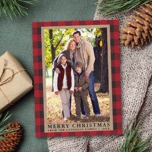 Red Plaid Merry Christmas Kraft Family Photo  Postcard