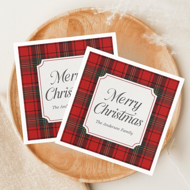 Red Plaid Merry Christmas Napkin (Red Plaid Modern Merry Christmas Holiday Napkin)