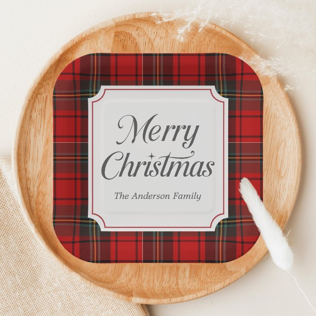 Red Plaid Merry Christmas Square Paper Plate (Red Plaid Modern Merry Christmas Holiday Paper Plate
)