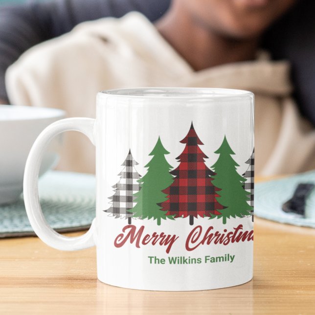 Red Plaid Merry Christmas Trees Personalised Coffee Mug (Creator Uploaded)