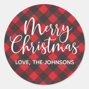 Red Plaid Merry Christmas Typograpy Script Classic Round Sticker