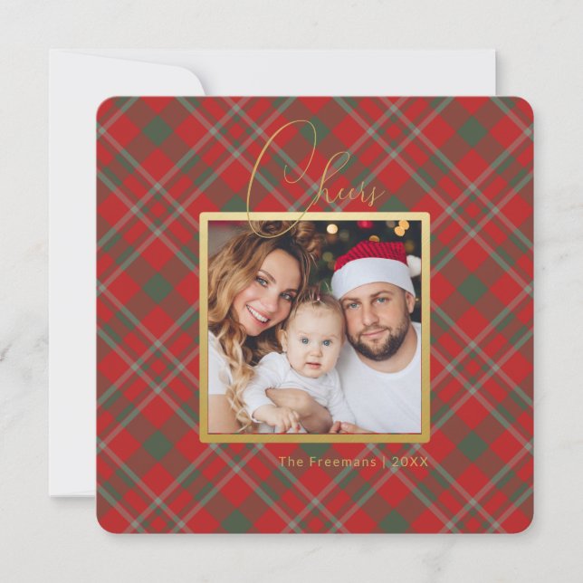 Red Plaid Minimalist Christmas Photo Card (Front)