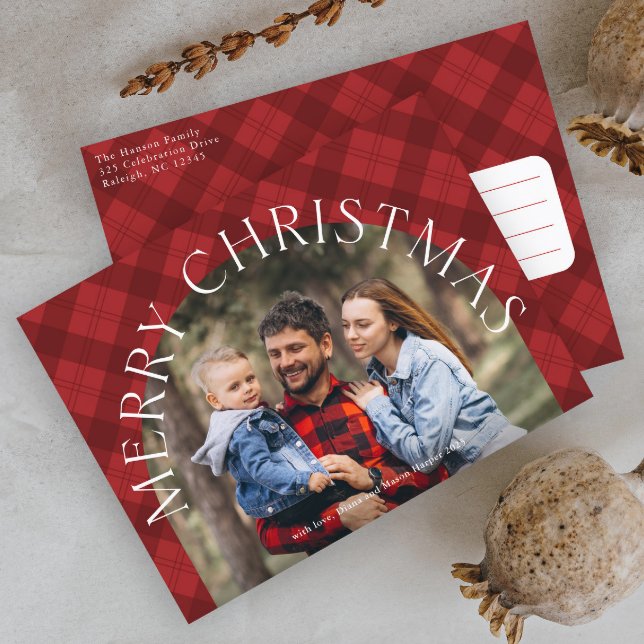 Red Plaid Modern Arch Merry Christmas Photo  Holiday Postcard (Red Plaid Arch Photo Chrismtas Holiday Postcard.)
