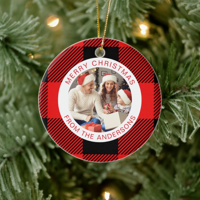 Red Plaid Modern Simple Christmas Family 2 Photo Ceramic Ornament (Tree)