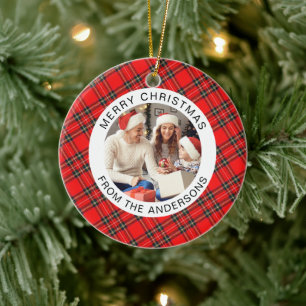 Red Plaid Modern Simple Christmas Family 2 Photo Ceramic Ornament