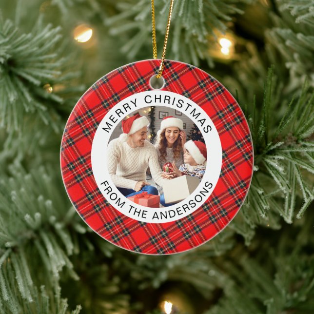Red Plaid Modern Simple Christmas Family 2 Photo Ceramic Ornament (Tree)