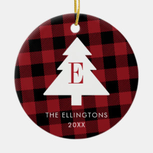 Red Plaid Monogram Christmas Ornament with Photo