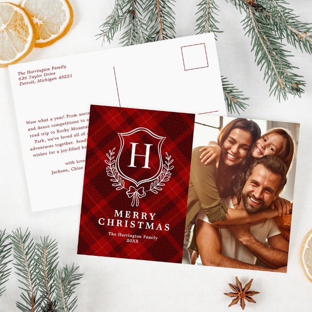 Red Plaid Monogram Photo Christmas Holiday Postcard (Creator Uploaded)