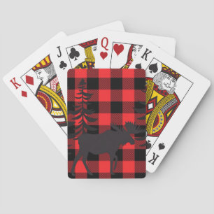 Red Plaid Moose Silhouette Playing Cards