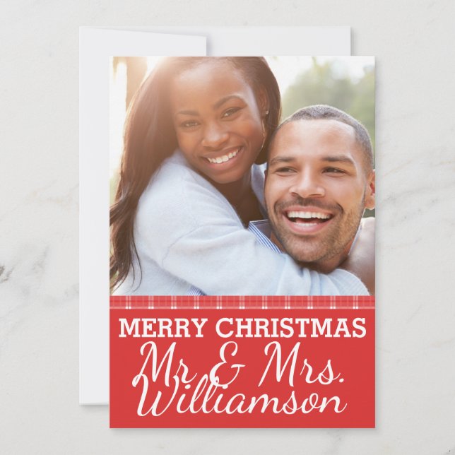 Red Plaid Mr & Mrs Christmas Photo Card (Front)