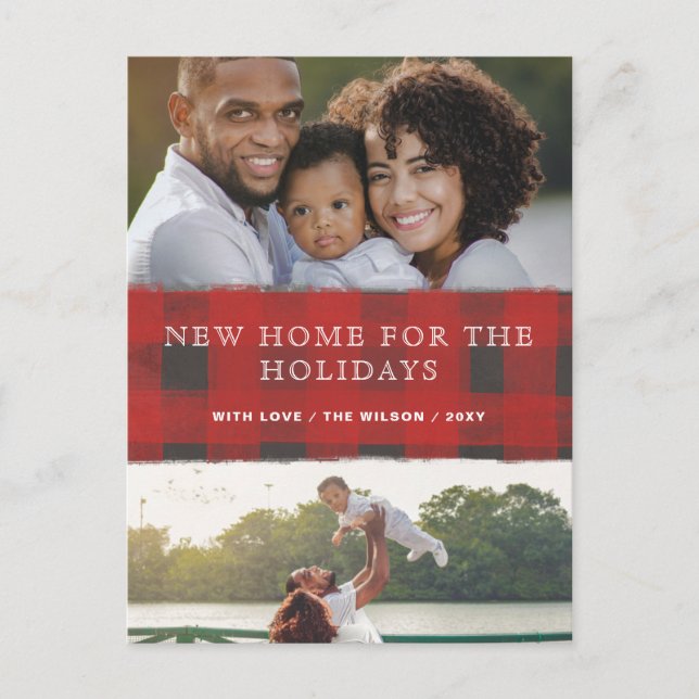 Red Plaid New Home for Holidays Photo Moving Postcard (Front)