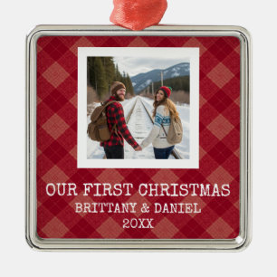 Red Plaid Our First Christmas Metal Ornament