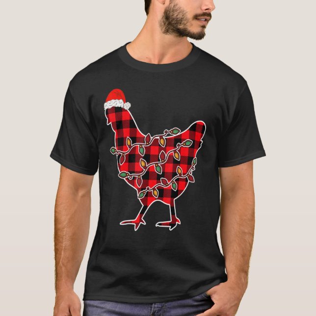 Red Plaid Pajama Chicken Santa Hat Christmas Light T-Shirt (Front)