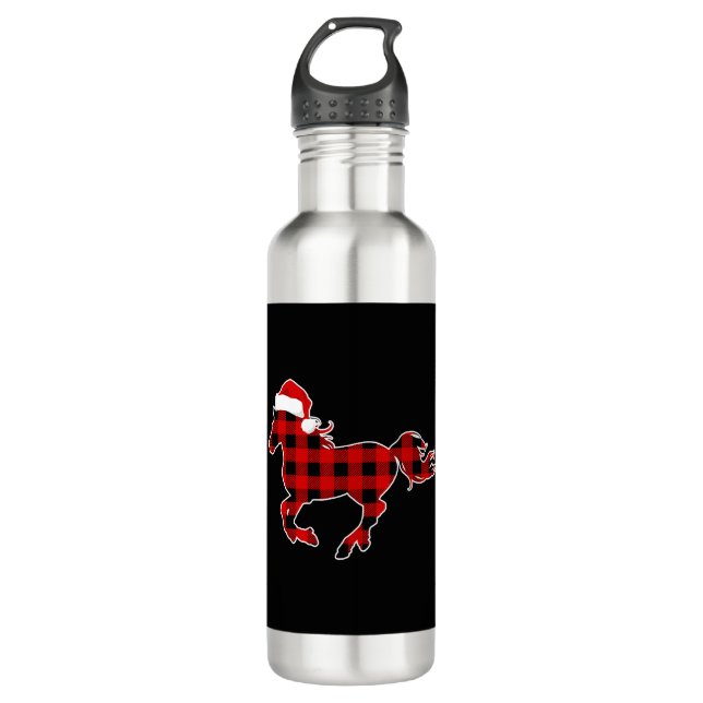 Red Plaid Pajama Horse Santa Hat Christmas Gift 710 Ml Water Bottle (Front)
