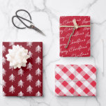 Red Plaid Pattern Christmas Wrapping Paper Sheets<br><div class="desc">Modern christmas wrapping paper featuring a burgundy red with xmas trees,  xmas red with the seasons greetings "merry christmas",  and a white & light red plaid pattern sheet.</div>