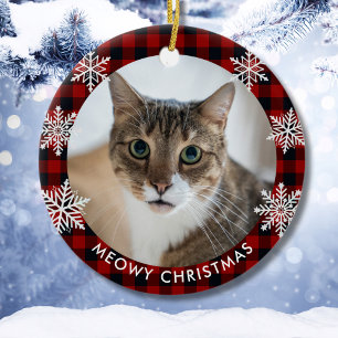 Red Plaid Pattern Custom Cat Photo Meowy Christmas Ceramic Ornament