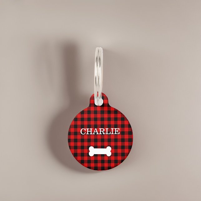Red Plaid Pattern Dog Bone Pet Tag (Creator Uploaded)