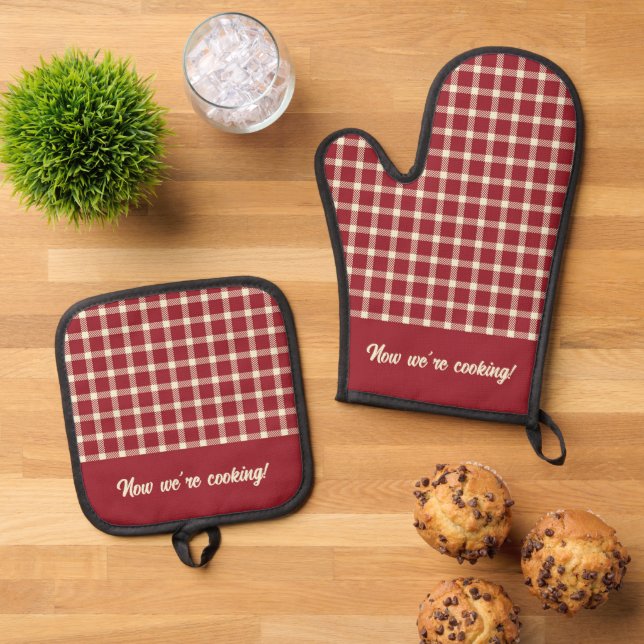 Red Plaid Pattern Funny Now We're Cooking Oven Mitt & Pot Holder Set (Top Down)