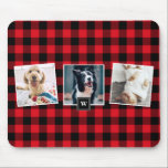 Red Plaid Pattern Three Photo Collage Monogram Mouse Pad<br><div class="desc">Modern and stylish customisable mousepad featuring red plaid pattern with three photo collage and monogram tag. Personalise by adding photos and monogram. This personalised mousepad will be perfect as a gift for birthdays,  Mother's Day Father's day and Christmas.</div>