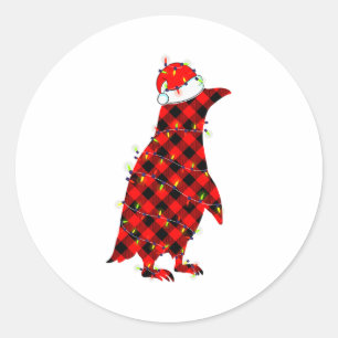 Red Plaid Penguin Christmas Lights Pajamas Adult K Classic Round Sticker