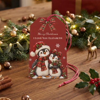 Red Plaid Penguin I Love You Custom Name Christmas Gift Tags