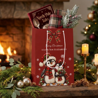 Red Plaid Penguin I Love You Custom Name Christmas Medium Gift Bag