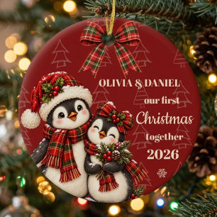 Red Plaid Penguin Our First Christmas Together Ceramic Ornament