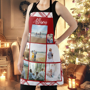 Red Plaid Personalised Family Photo Collage Name Apron