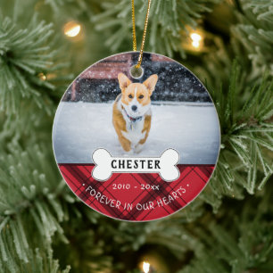 Red Plaid Pet Name & Photo Forever In Our Hearts Ceramic Ornament