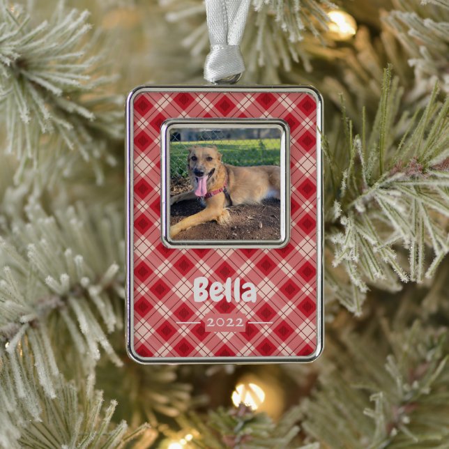 Red Plaid Pet Photo Framed Ornament with Name Year (Tree)