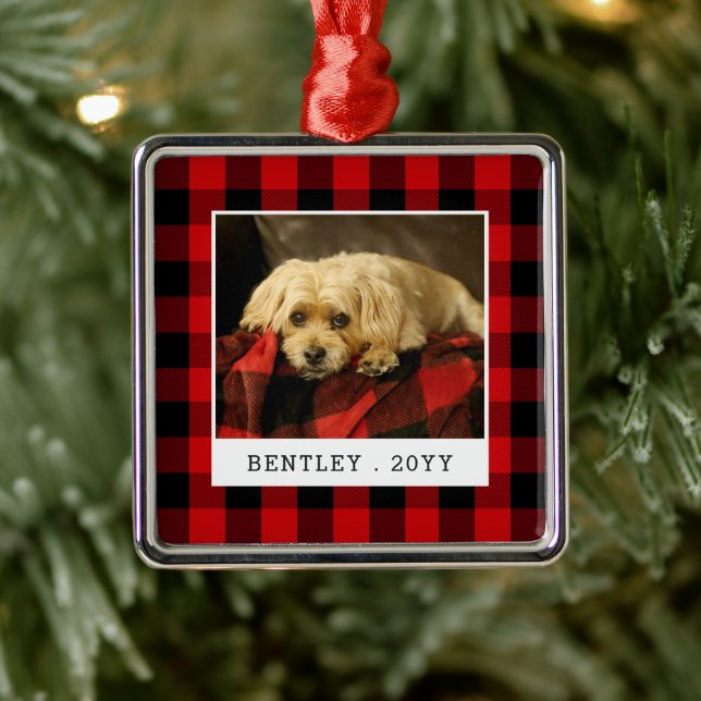 Red Plaid Pet Photo Holiday Metal Ornament (Tree)