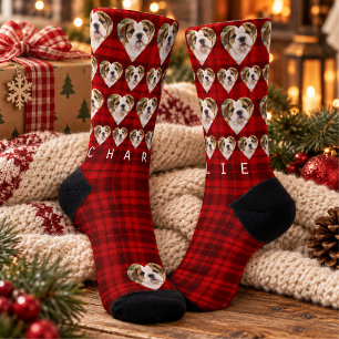 Red Plaid Pet Photo Name Christmas Socks