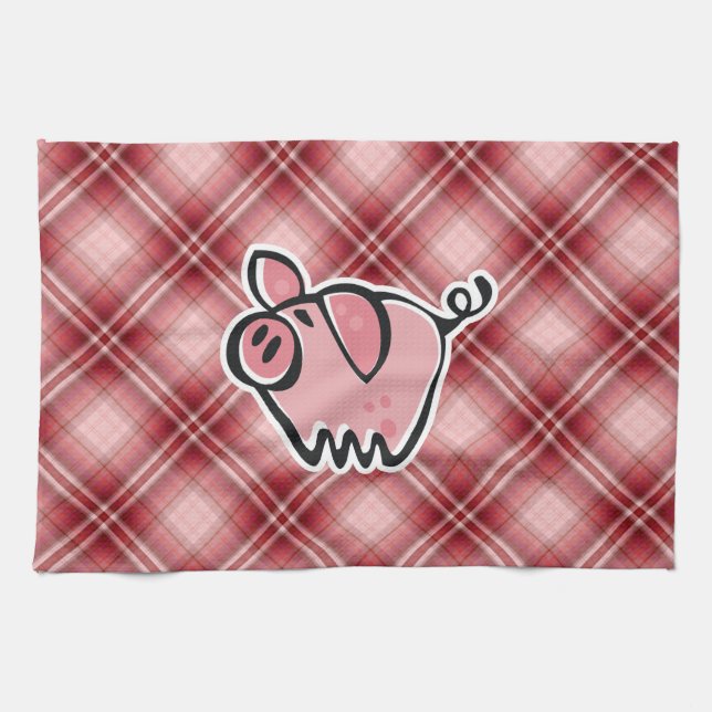 Red Plaid Pig Tea Towel (Horizontal)