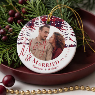 Red Plaid Pine Tree First Christmas Married Photo Ceramic Ornament