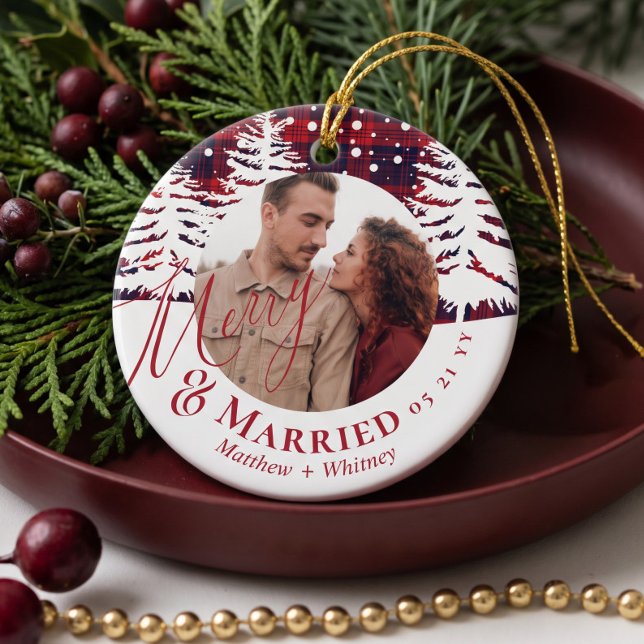 Red Plaid Pine Tree First Christmas Married Photo Ceramic Ornament (Red Plaid Pine Tree First Christmas Married Photo Ceramic Ornament)