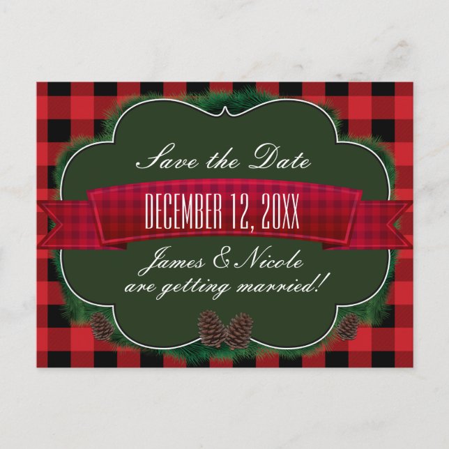 Red Plaid & Pinecones Rustic Country Postcard (Front)