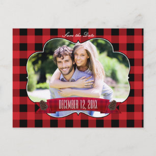 Red Plaid & Pinecones Rustic Photo Postcard