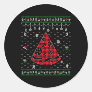Red Plaid Pizza Lover Fun Ugly Christmas Classic Round Sticker