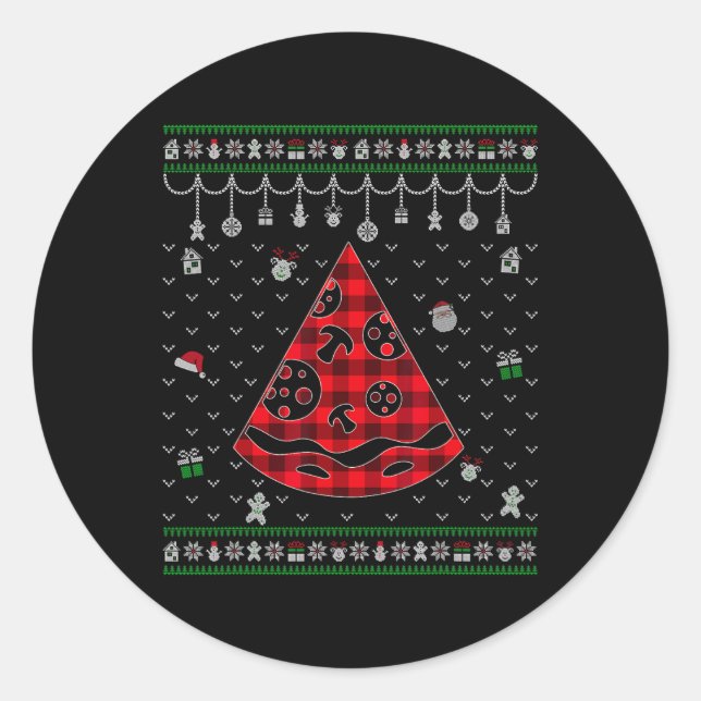 Red Plaid Pizza Lover Fun Ugly Christmas  Classic Round Sticker (Front)