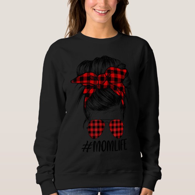 Red Plaid Plaid Mum Life Mum Bun Hair Sunglasses H Sweatshirt (Front)